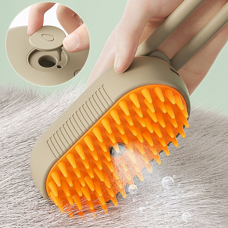 FurryFlows steam pet brush showing mist spray feature